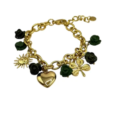 Bracelet breloques cœur doré fleurs vertes