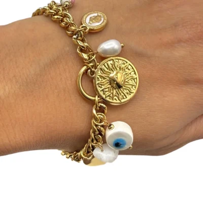 Bracelet charms soleil œil bleu perle