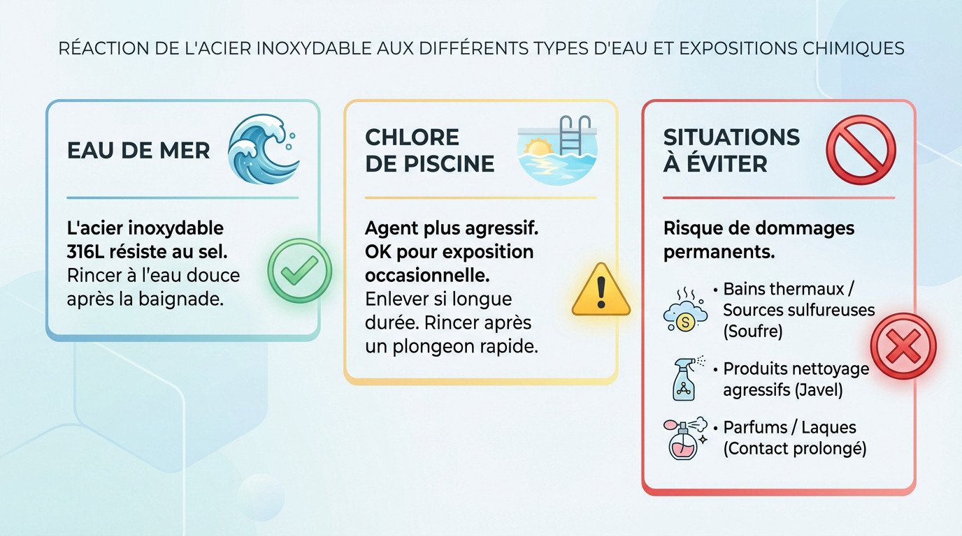 Femme portant des bijoux en acier inoxydable résistants à l'eau de mer et à la piscine