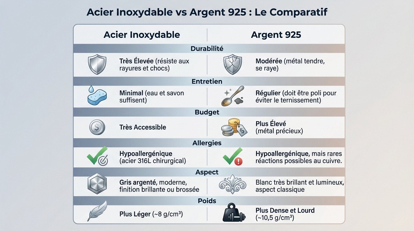 Acier inoxydable vs argent bijoux : le verdict 3 Comparaison visuelle entre une bague en acier inoxydable et une bague en argent 925