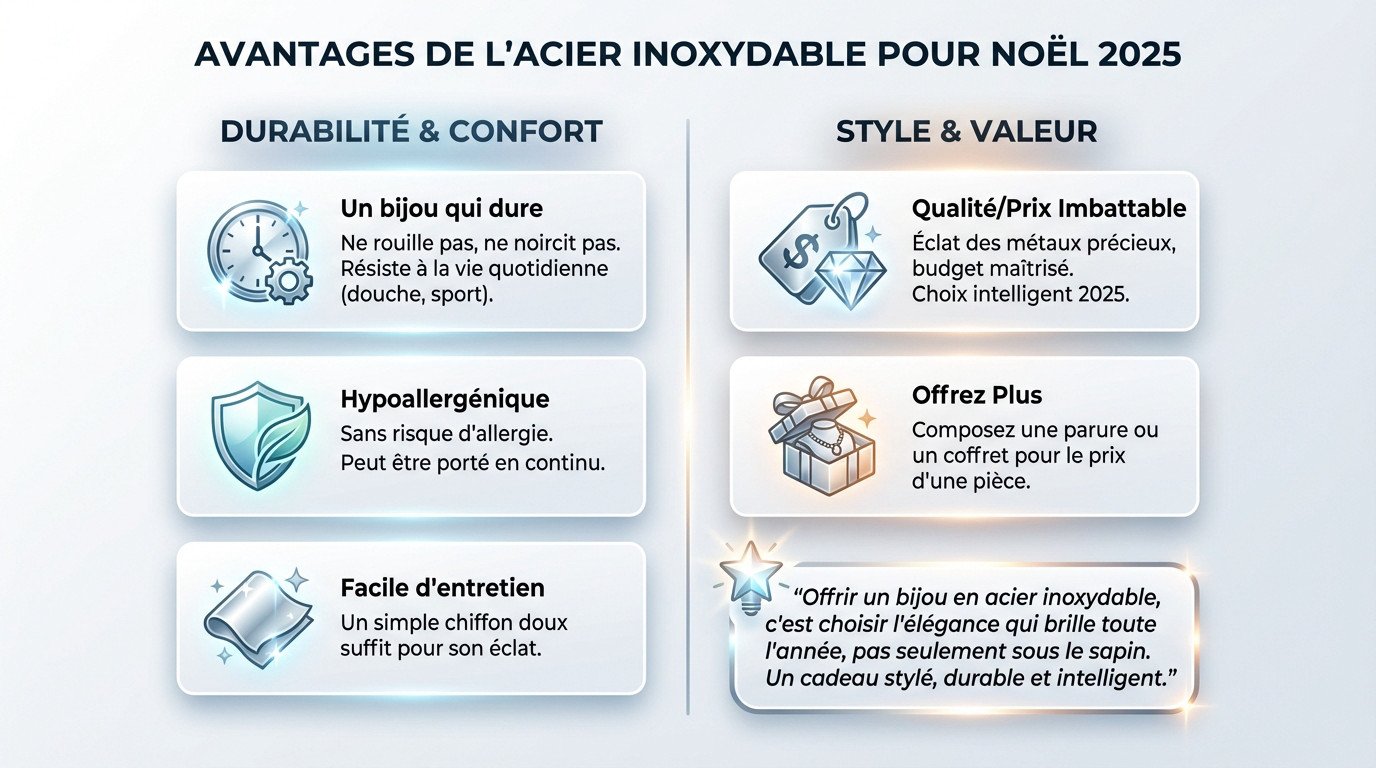 Avantages bijoux acier inoxydable femme pour cadeau noël durable et hypoallergénique