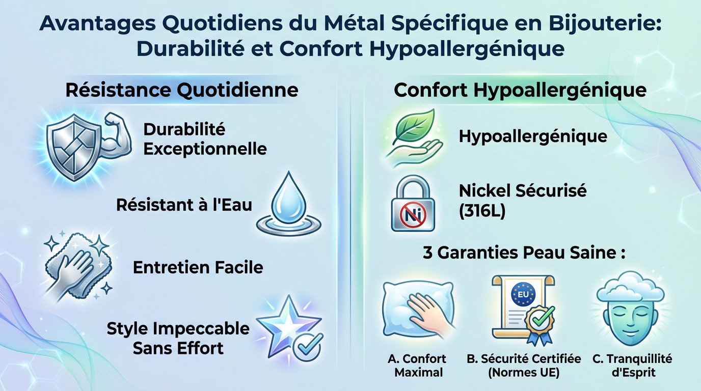 Femme portant des bijoux en acier inoxydable durables et hypoallergéniques