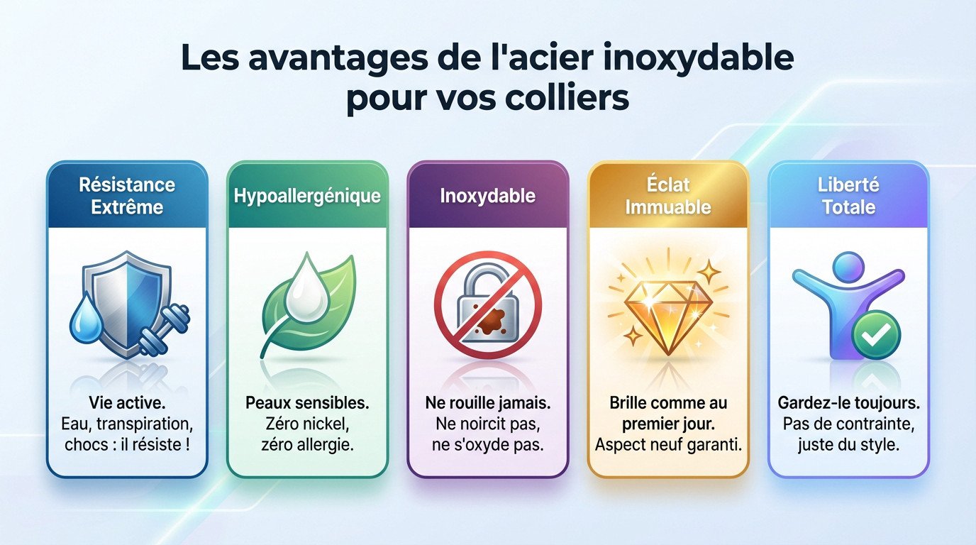 Femme portant un collier acier inoxydable femme résistant et brillant au quotidien