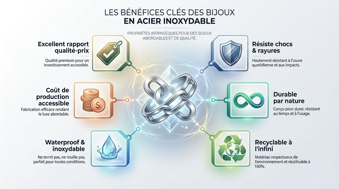Bijoux acier inoxydable pas cher : qualité sans se ruiner 2 Schéma illustrant les avantages durables et économiques des bijoux en acier inoxydable face à la fast fashion