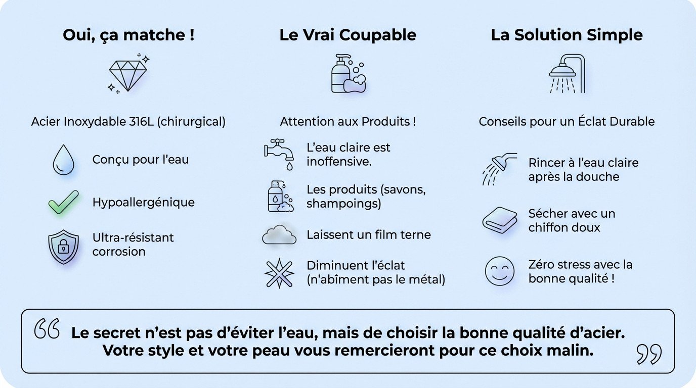 Femme sous la douche portant des bijoux en acier inoxydable résistants à l'eau