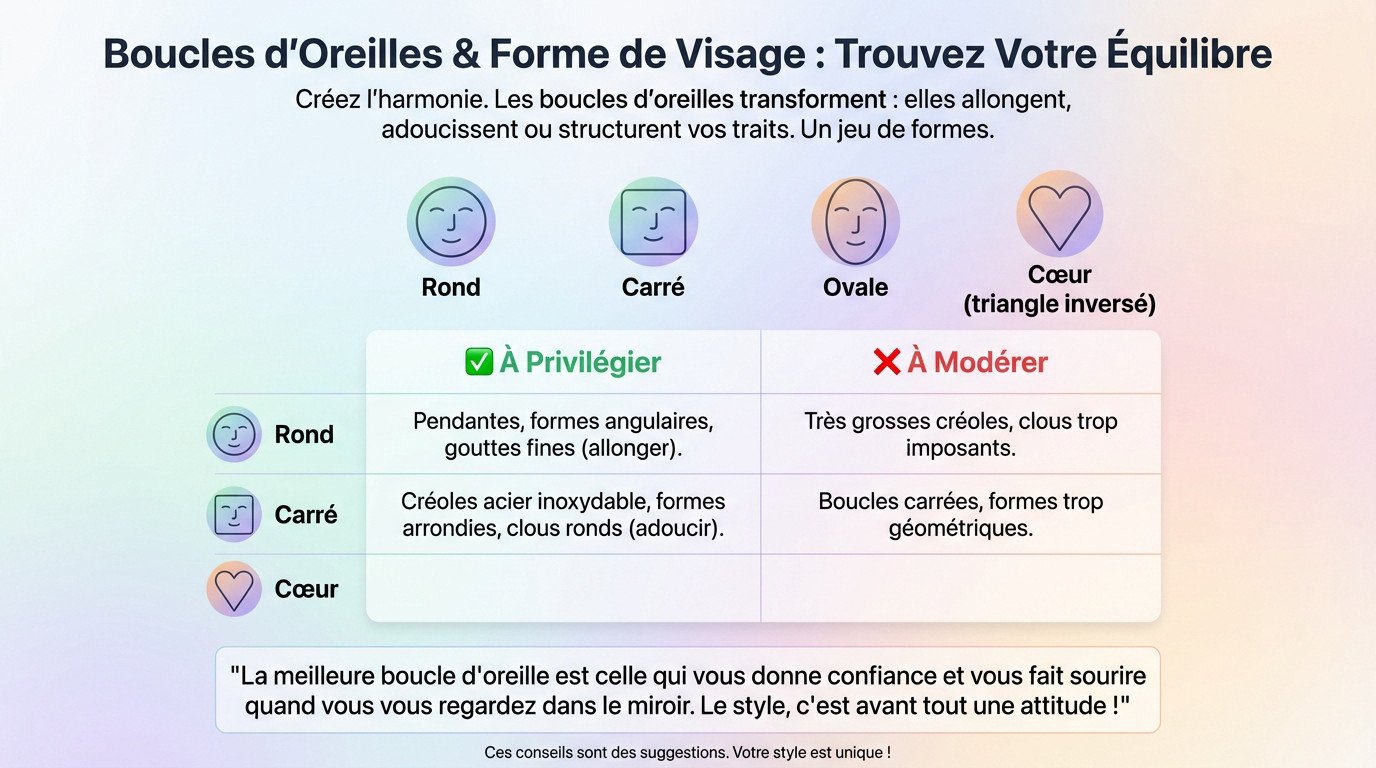 Schéma illustrant les boucles d'oreilles adaptées selon la forme du visage