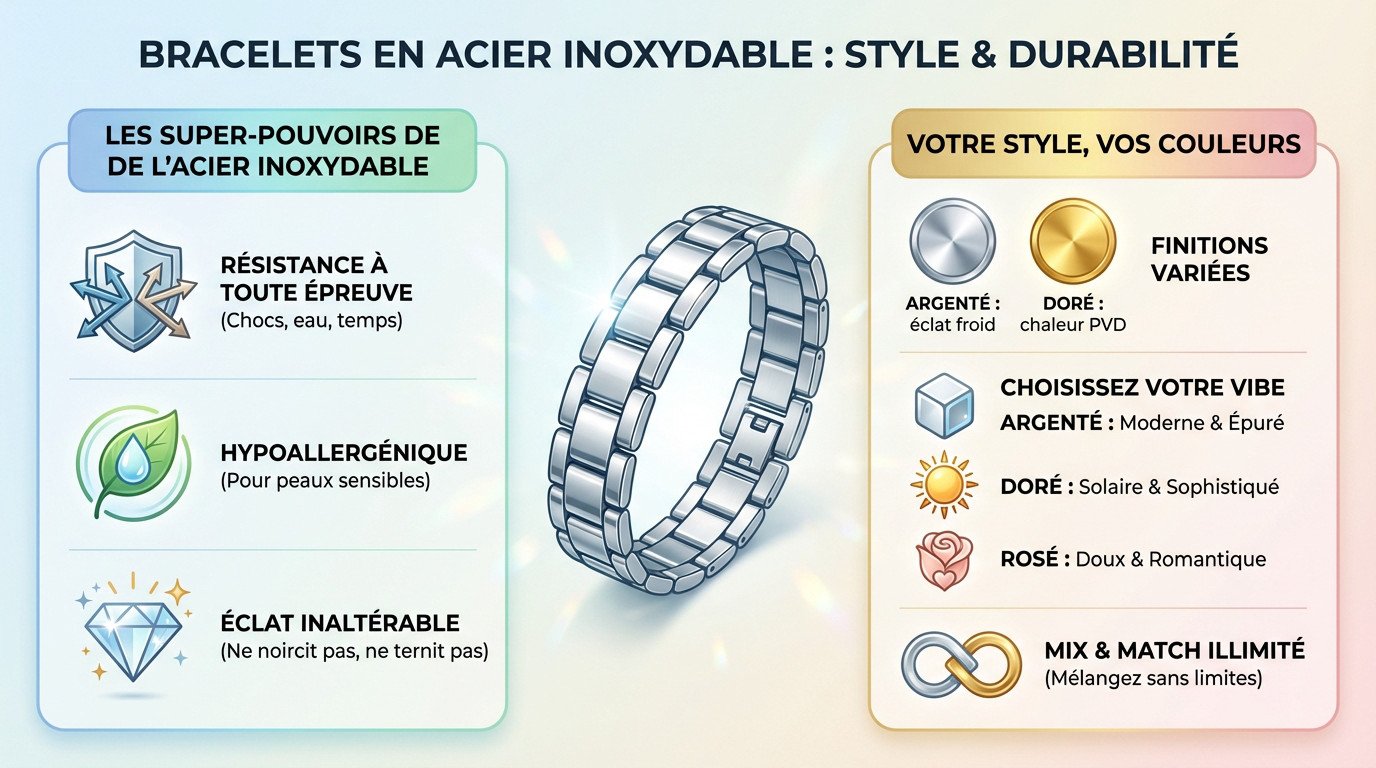 Collection de bracelets en acier inoxydable doré et argenté résistants et élégants
