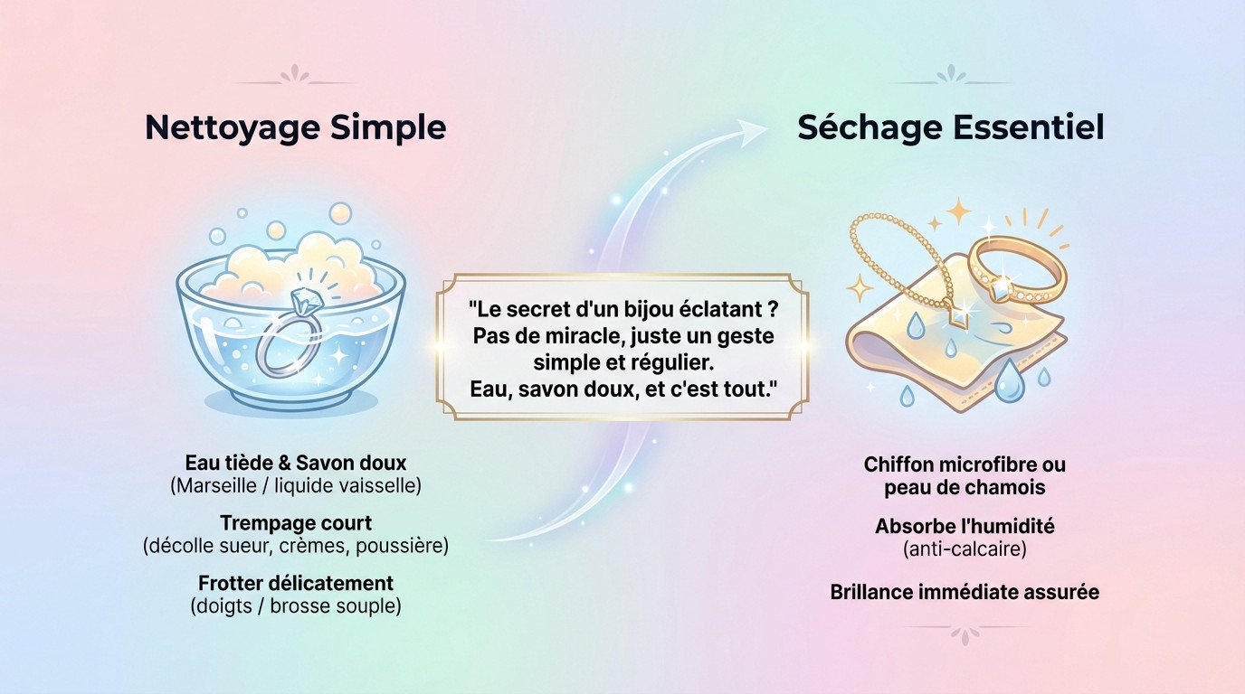 Nettoyage et séchage soigneux de bijoux en acier inoxydable avec un chiffon microfibre