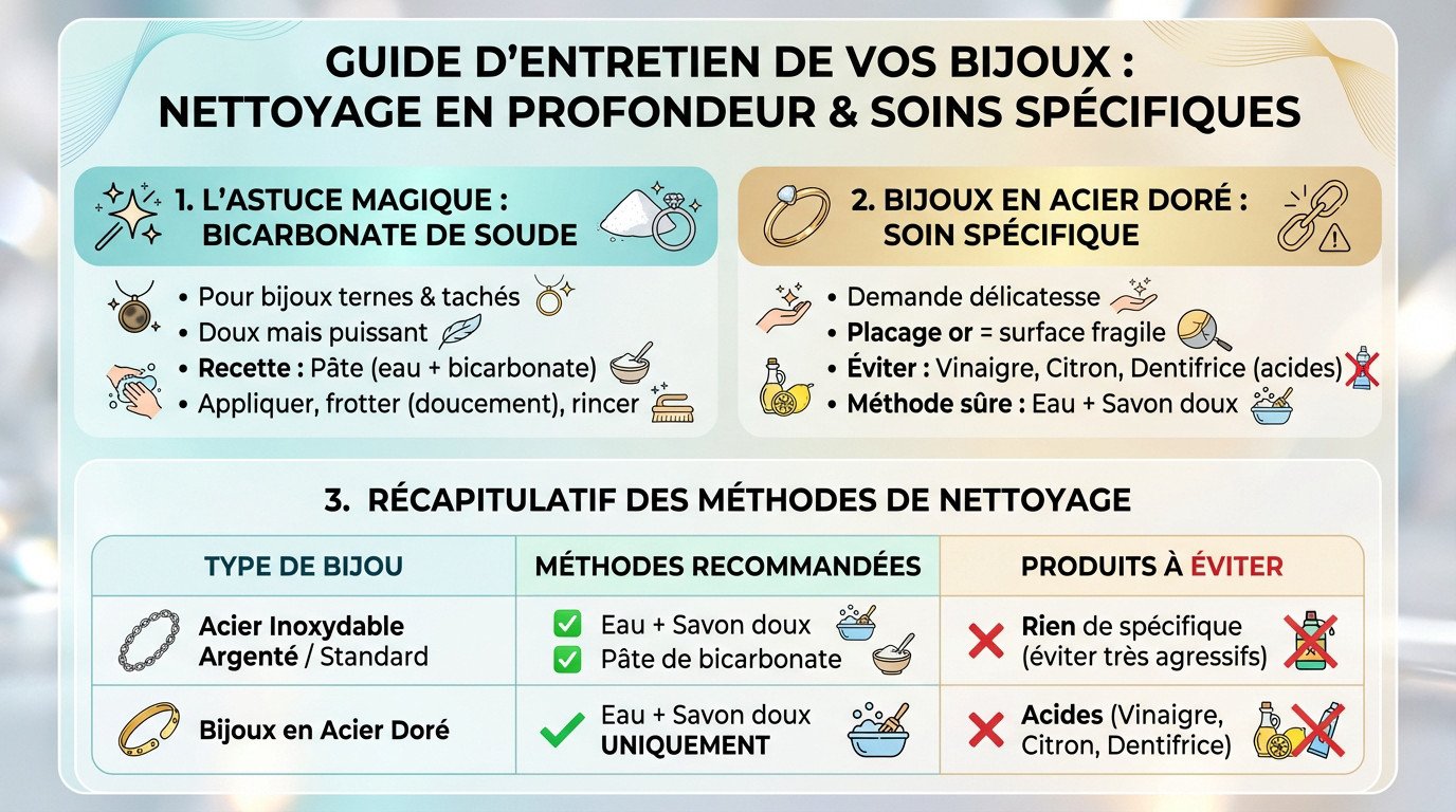 Nettoyage bijoux acier inoxydable avec bicarbonate de soude et précaution pour l'or