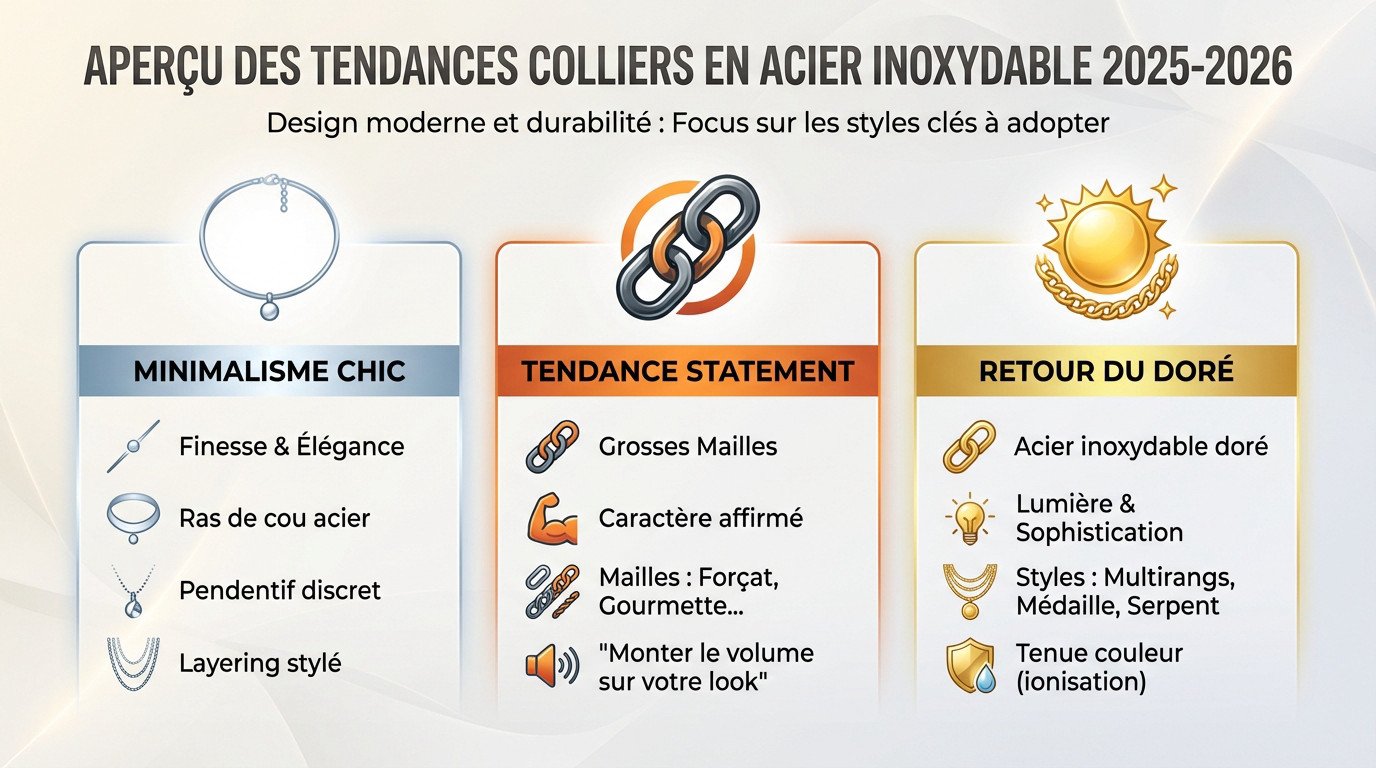 Infographie tendances 2025-2026 colliers acier inoxydable femme : styles minimalistes et grosses mailles