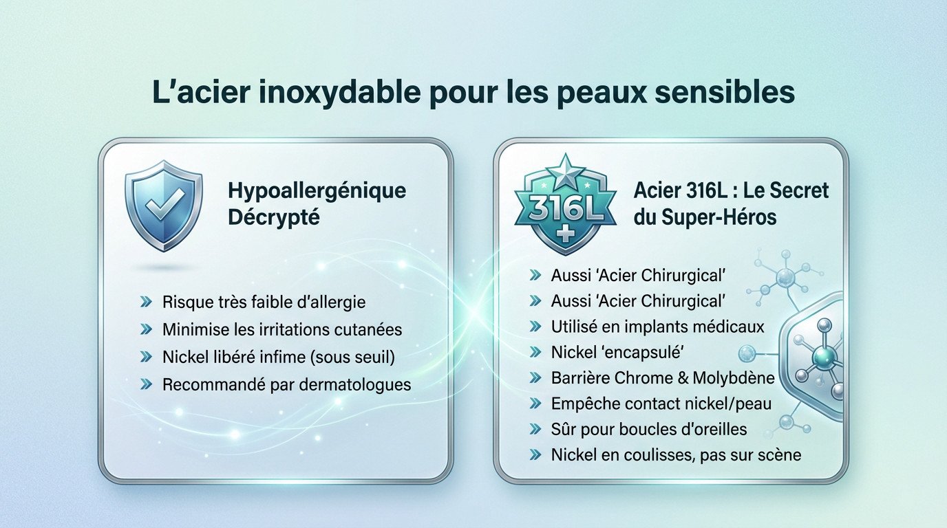 Femme portant des bijoux en acier inoxydable confortables sur une peau sensible