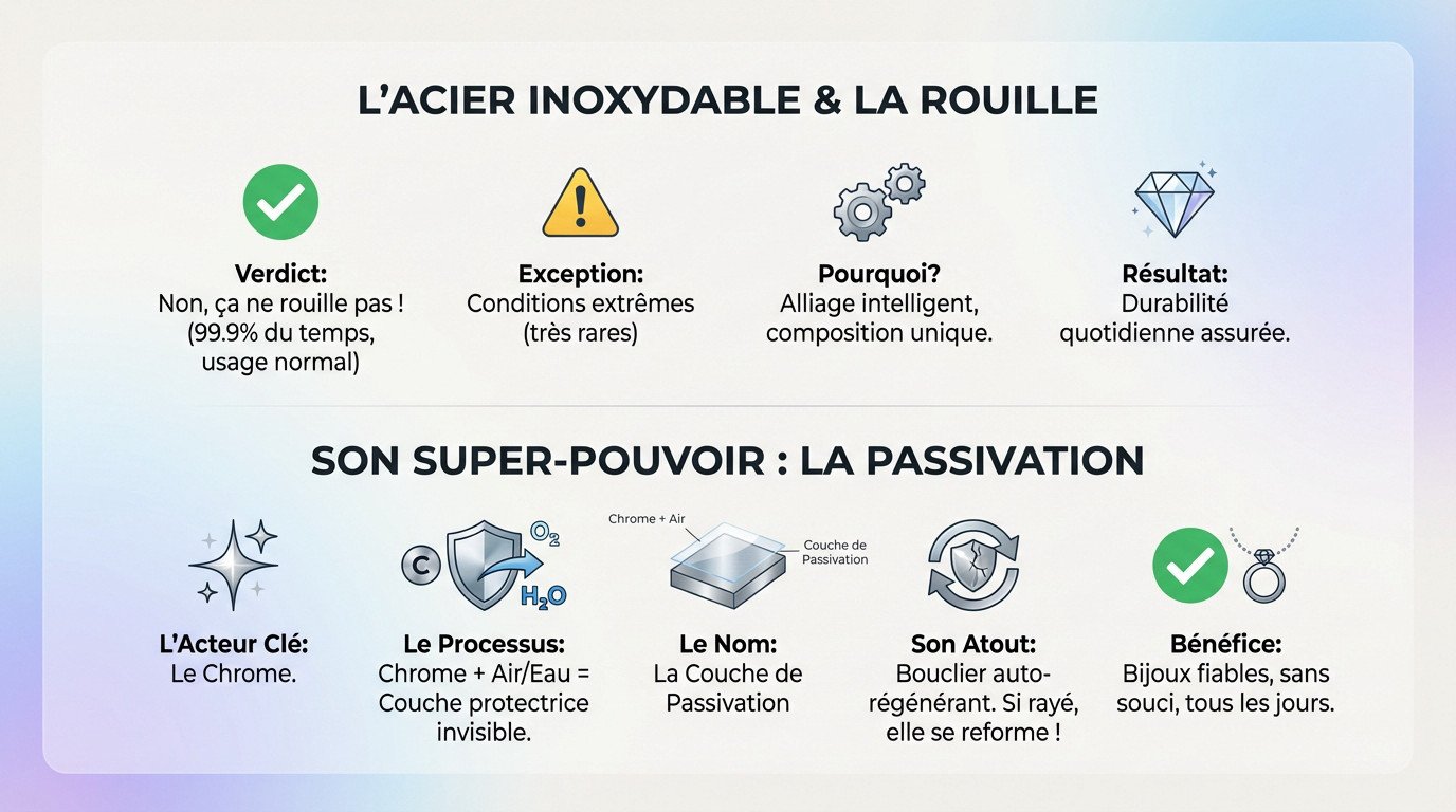 Schéma montrant la couche de passivation protégeant un bijou en acier inoxydable contre la rouille