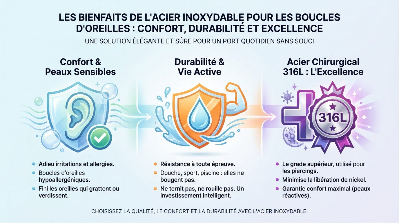 Femme portant des boucles d'oreilles en acier inoxydable résistantes à l'eau et hypoallergéniques