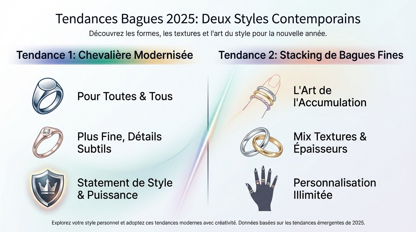 Tendances bagues 2025 femme : chevalière moderne et accumulation de bagues fines
