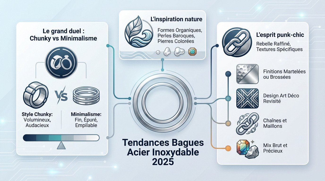 Bagues tendances 2025 en acier inoxydable style chunky et minimaliste