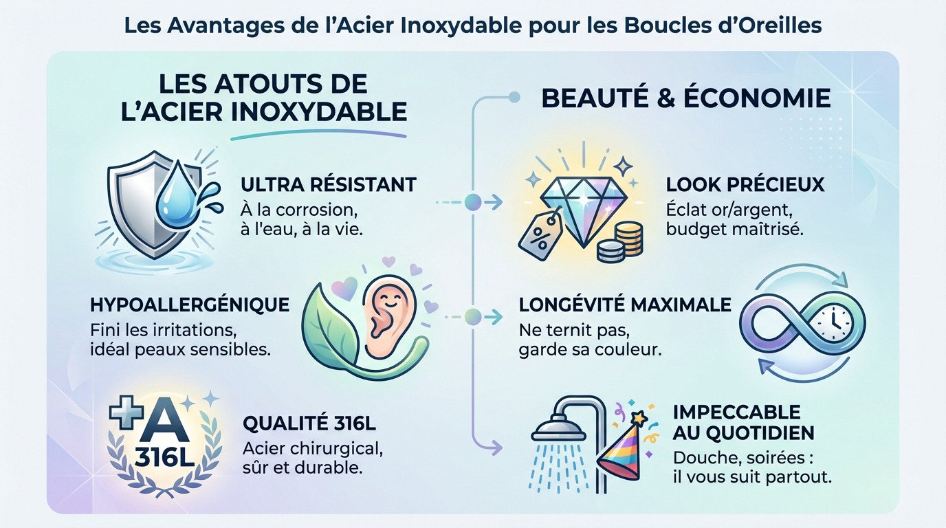 Femme portant des créoles en acier inoxydable brillantes et résistantes