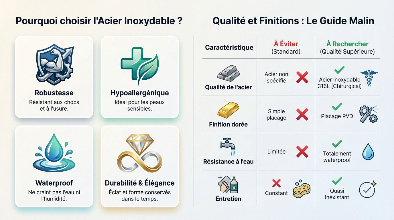 Guide comparatif qualité acier inoxydable 316L et finitions dorées pour bijoux