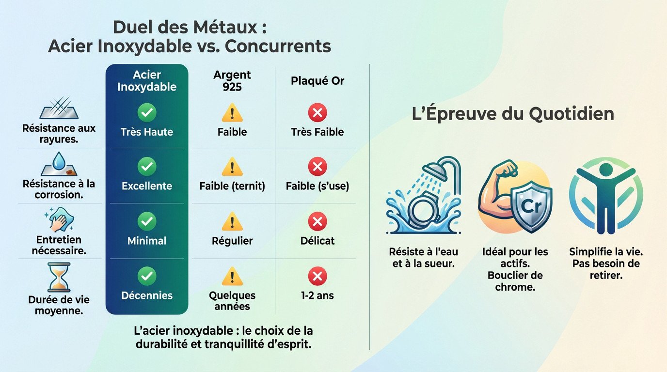 Bijoux acier inoxydable : le secret de leur durabilité 3 Femme portant des bijoux en acier inoxydable résistants à l'eau et au quotidien