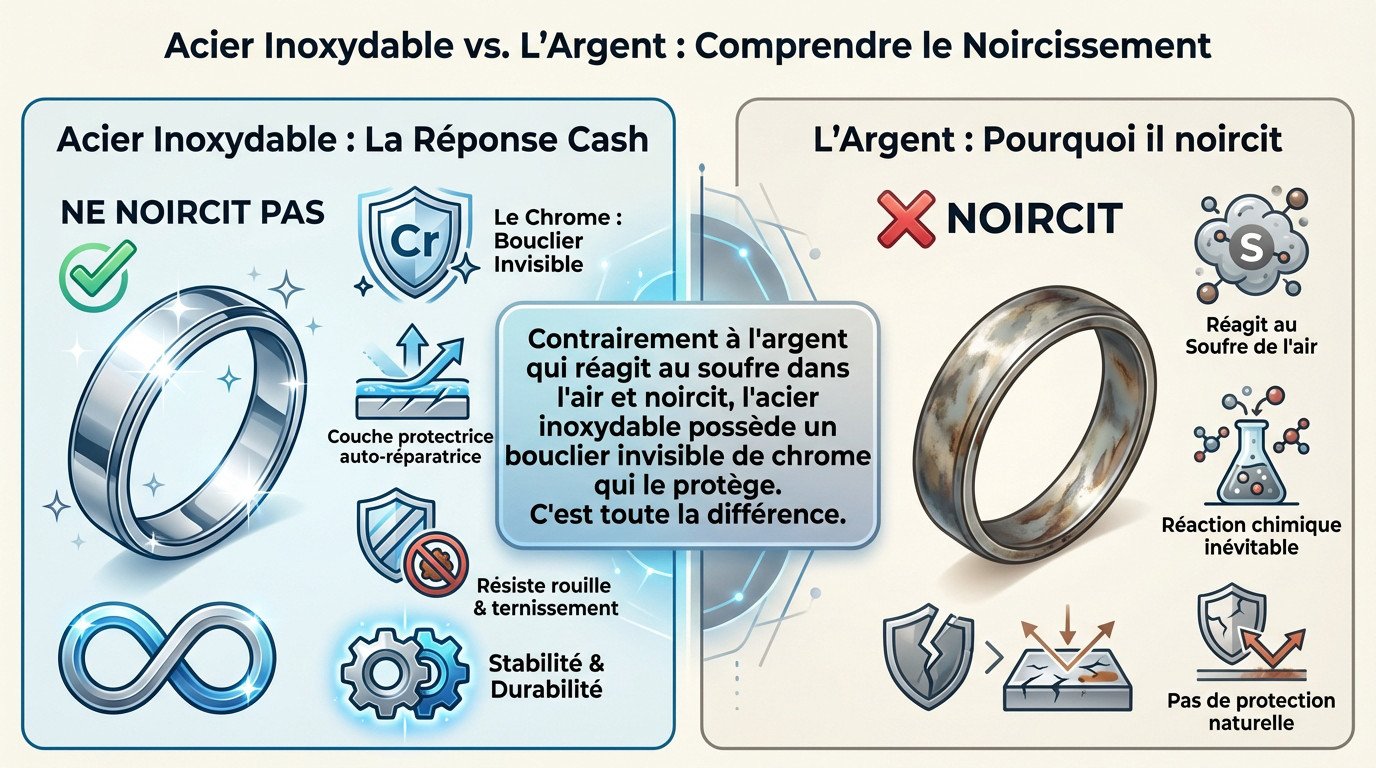 Comparaison visuelle entre un bijou en argent terni et un bijou en acier inoxydable brillant