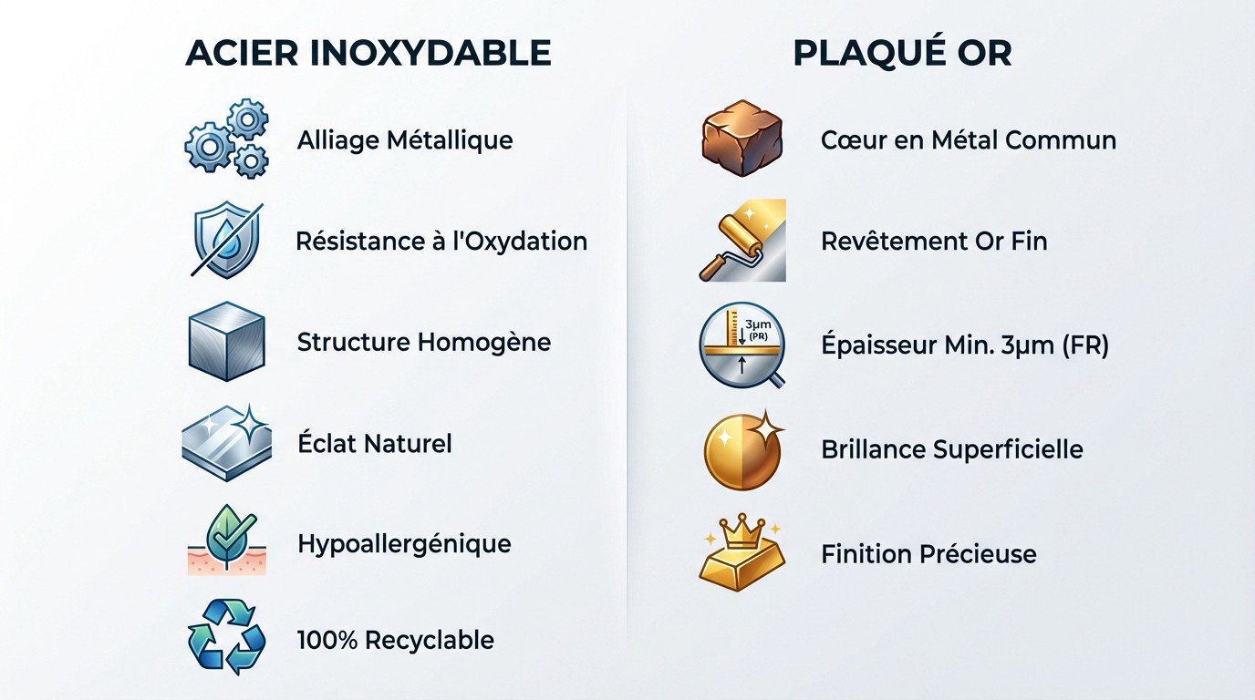 Comparatif visuel entre la structure de l'acier inoxydable et du plaqué or