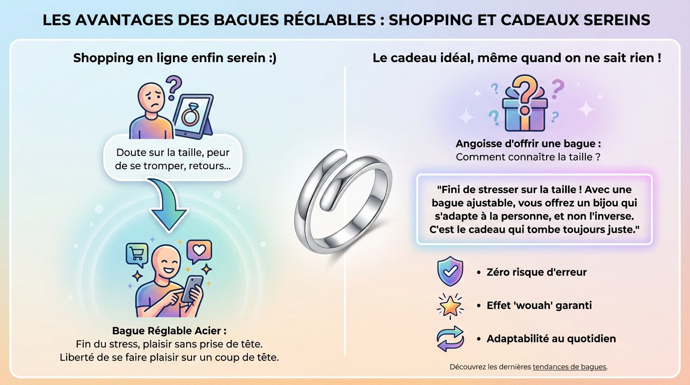 Bague ajustable acier inoxydable : le bijou zéro stress 2 Femme portant une bague ajustable en acier inoxydable, souriante et détendue lors de son achat en ligne