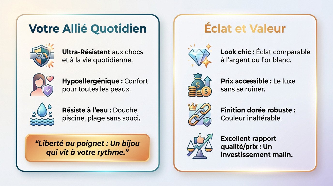 Femme portant plusieurs bracelets joncs en acier inoxydable doré et argenté
