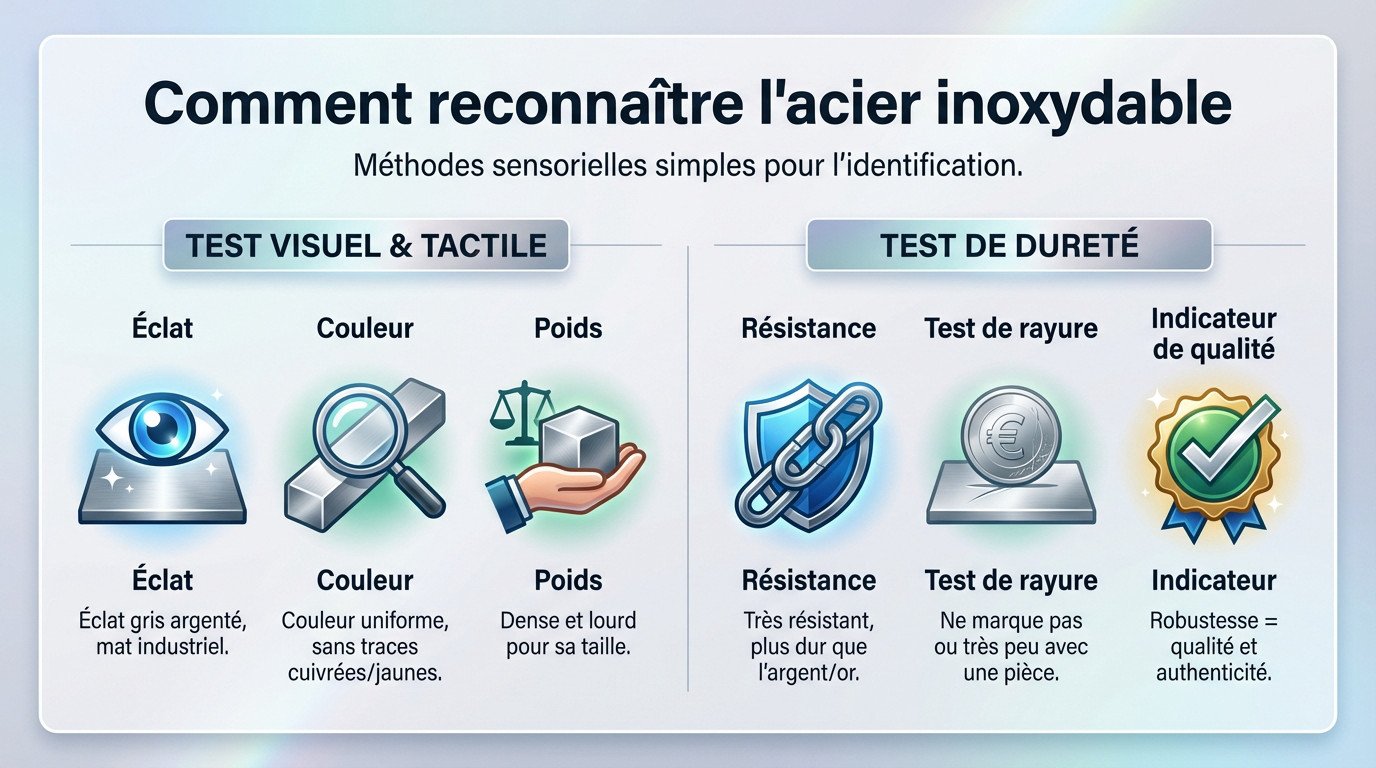Savoir si un bijou est en acier inoxydable : 5 tests 💎 2 Inspection visuelle d'un bijou en acier inoxydable pour vérifier son éclat gris argenté et sa densité