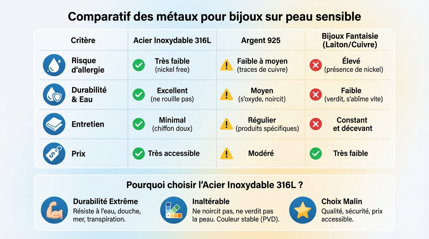 Tableau comparatif des avantages de l'acier inoxydable face à l'argent et au laiton pour les peaux sensibles