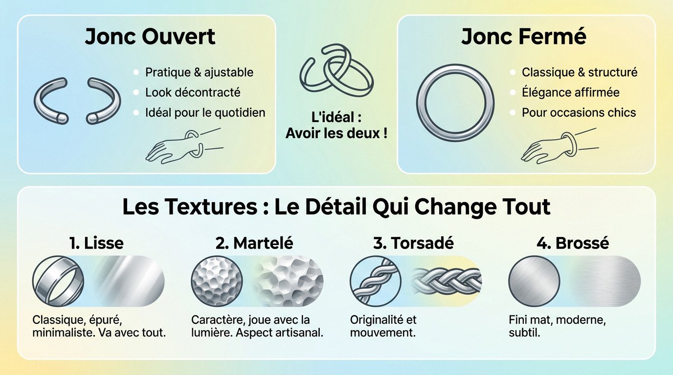 Comparaison de joncs en acier inoxydable ouverts et fermés avec différentes textures