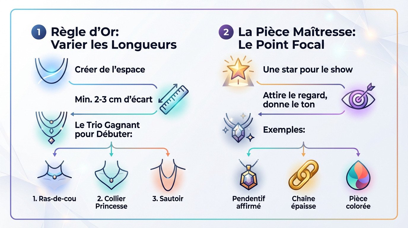 Infographie montrant les différentes longueurs de colliers pour un layering réussi