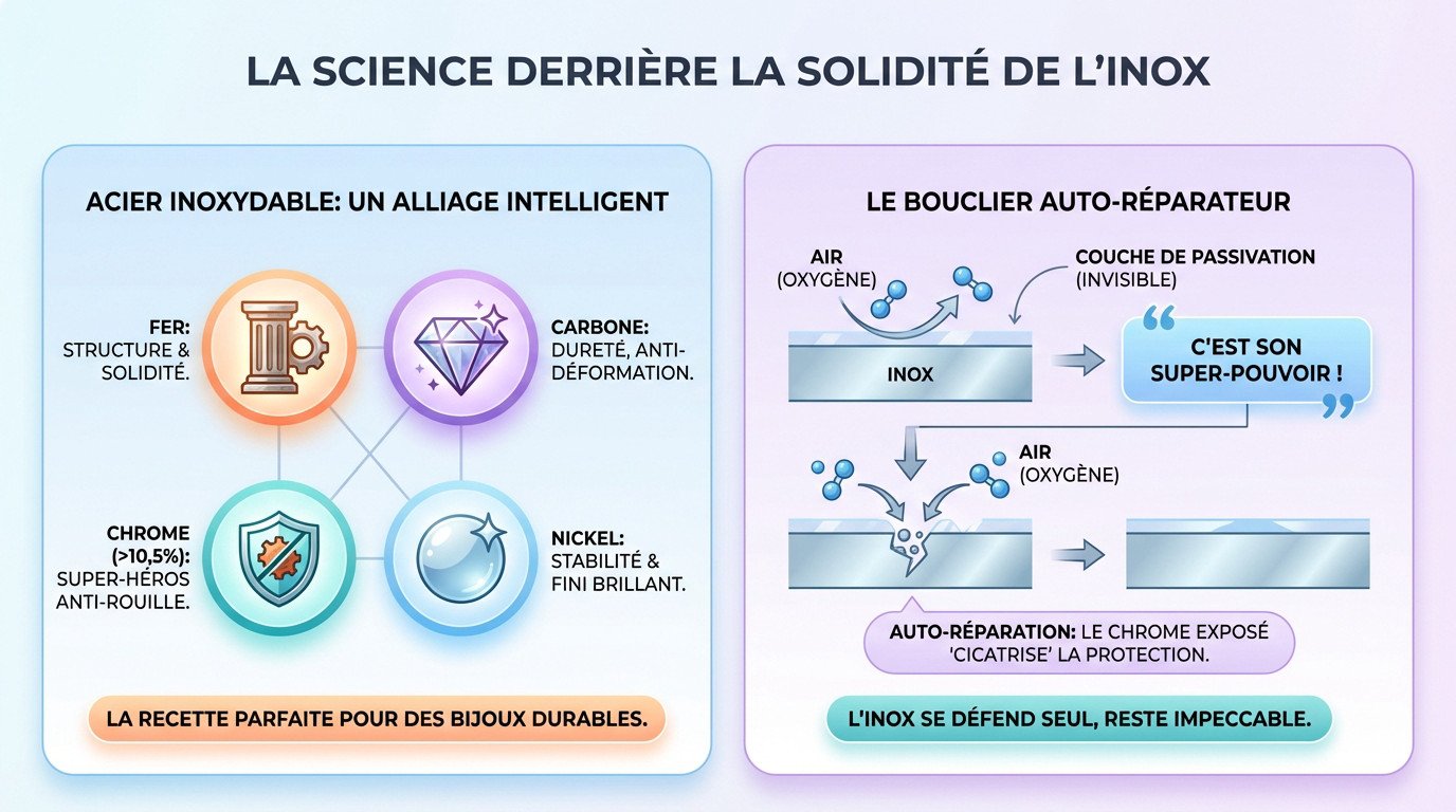 Bijoux acier inoxydable : le secret de leur durabilité 2 Schéma illustrant la composition de l'acier inoxydable et sa couche protectrice auto-réparatrice