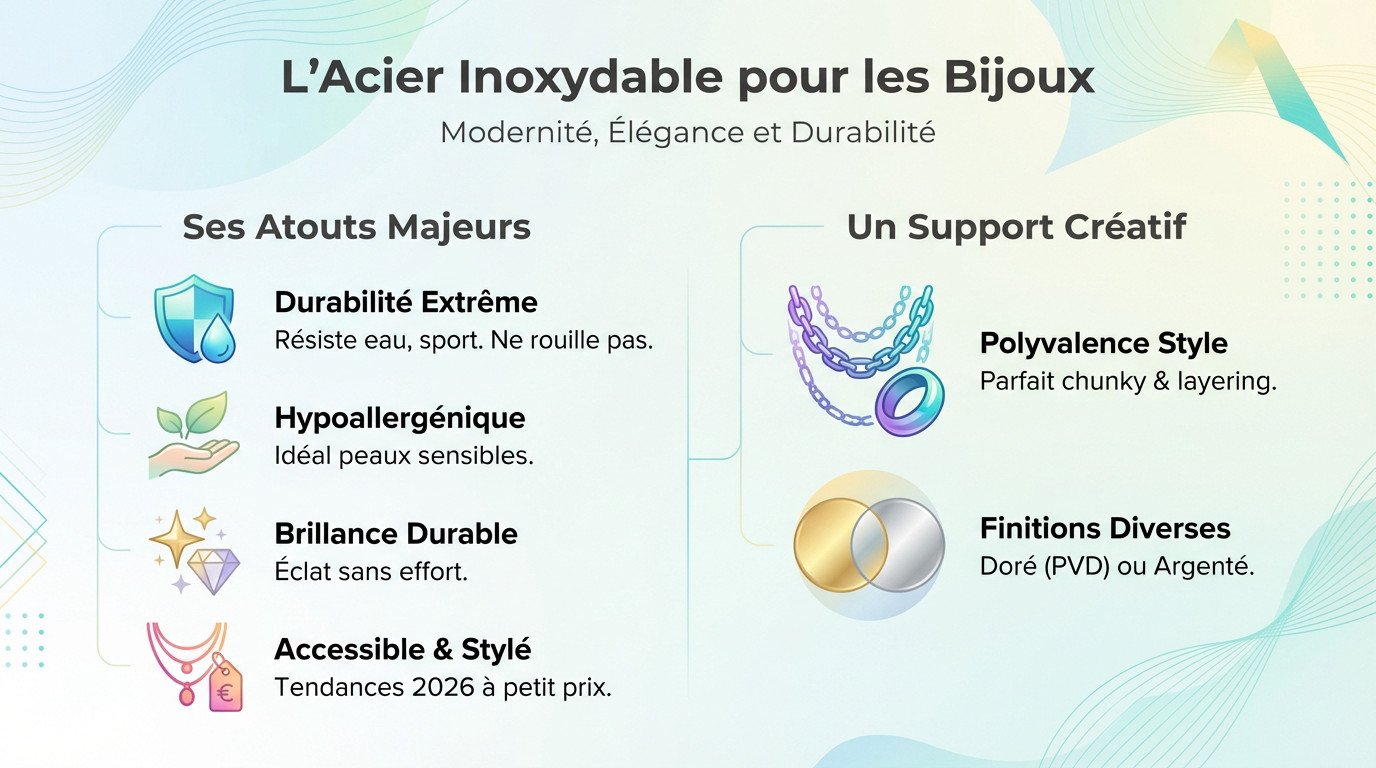 Bijoux tendance 2026 : le mix acier qui donne le ton 3 Bijoux en acier inoxydable tendance 2026 portés en layering avec élégance