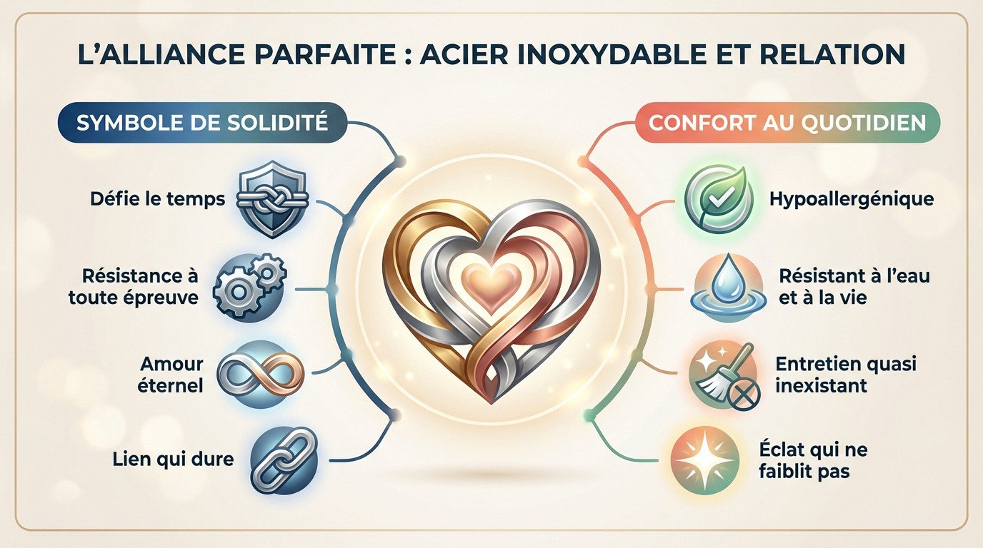 Bagues en acier inoxydable symbolisant la durabilité du couple