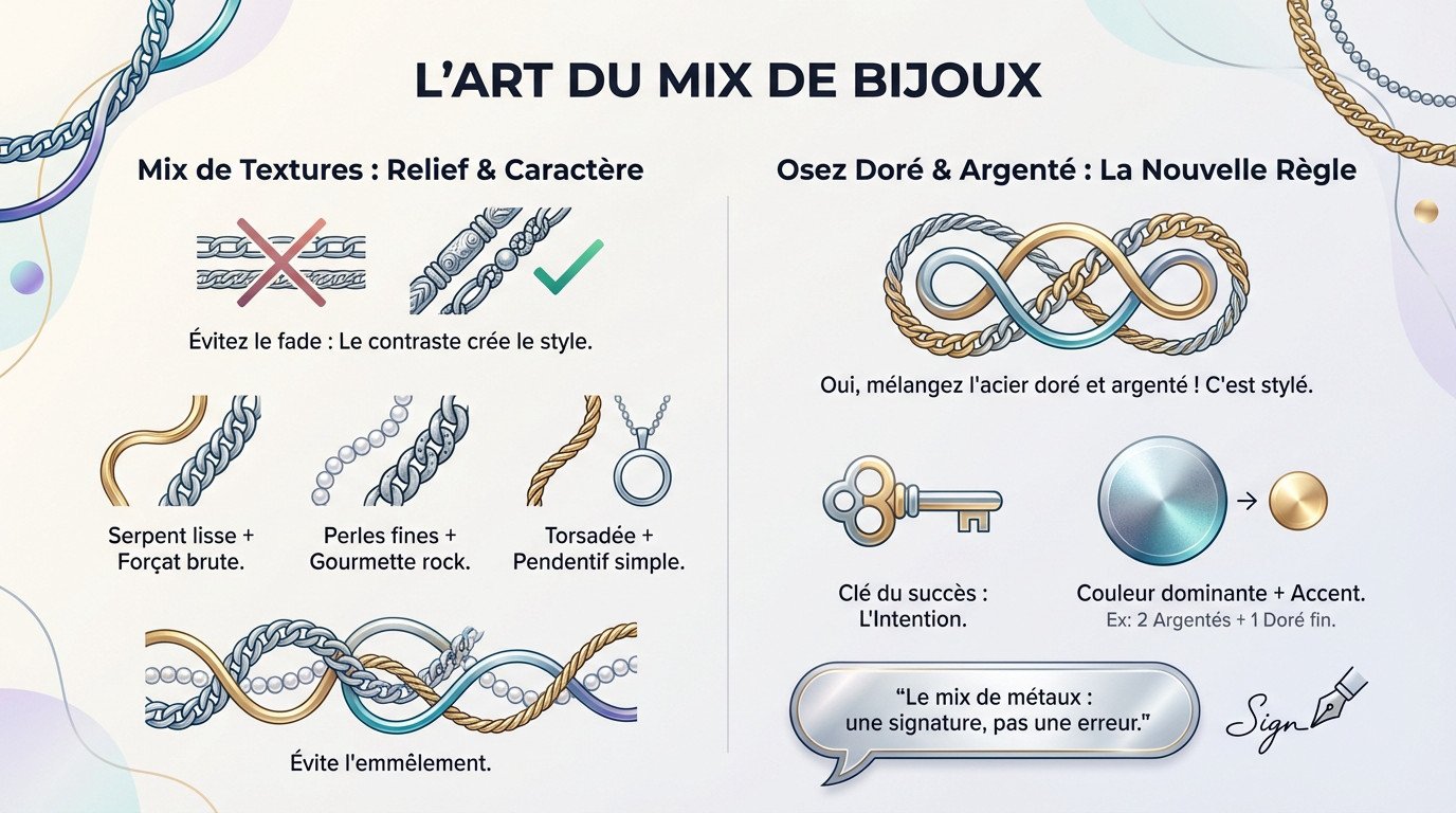 Superposition de colliers en acier inoxydable mélangeant textures et métaux pour un look tendance
