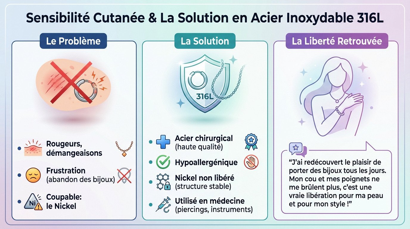 Femme portant des bijoux en acier inoxydable 316L sur une peau sensible sans irritation