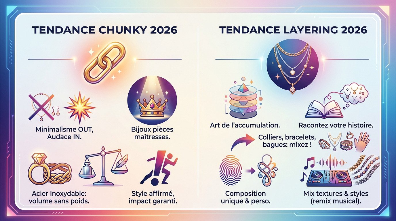 Bijoux tendance 2026 : le mix acier qui donne le ton 2 Femme portant des bijoux tendance 2026 en accumulation style chunky et layering