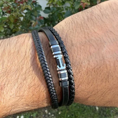 Bracelet Cuir Homme Ancre Nautique Noir & Argent