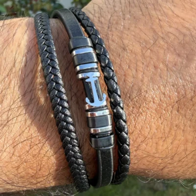 Bracelet Cuir Homme Ancre Nautique Noir & Argent