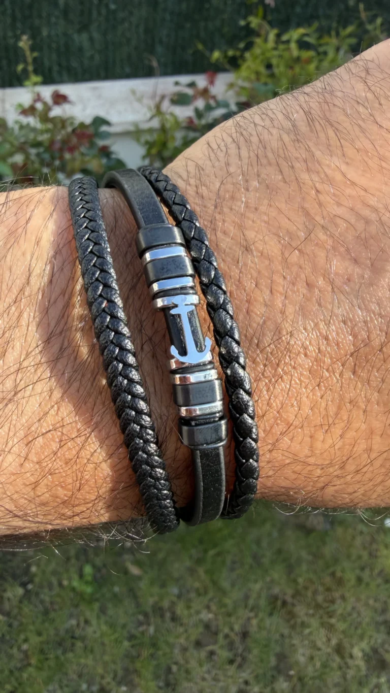 Bracelet Cuir Homme Ancre Nautique Noir & Argent