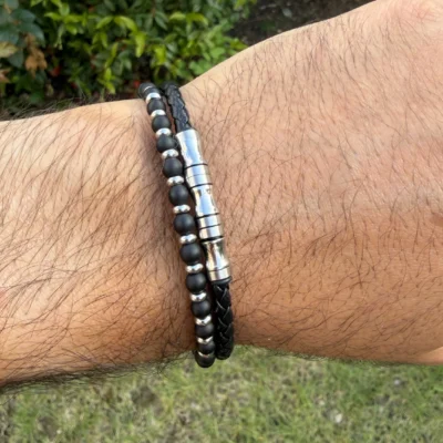 Bracelet Cuir Homme Noir & Perles Onyx