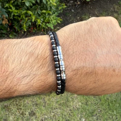 Bracelet Cuir Homme Noir & Perles Onyx