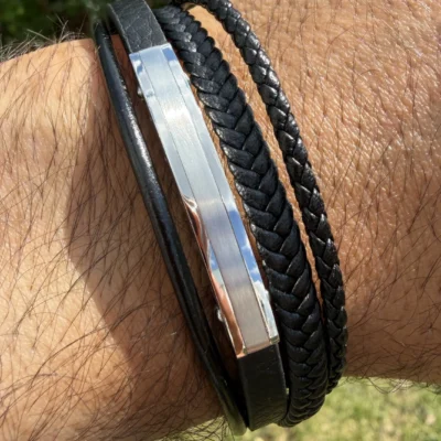 Bracelet Cuir Homme Noir Tressé — Plaque Acier Inoxydable Argentée