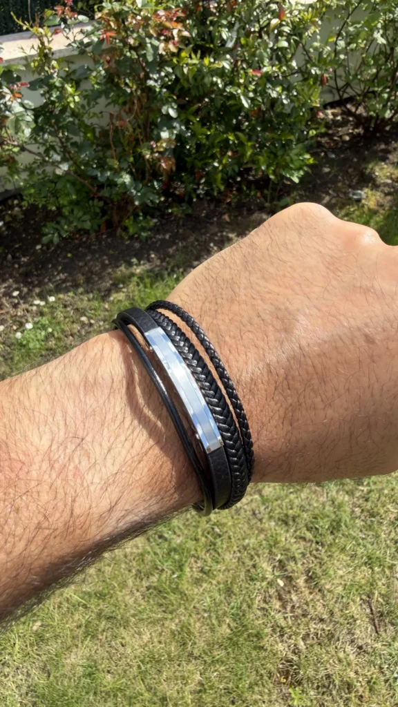 Bracelet Cuir Homme Noir Tressé — Plaque Acier Inoxydable Argentée