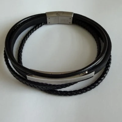 Bracelet Cuir Homme Noir Tressé — Plaque Acier Inoxydable Argentée
