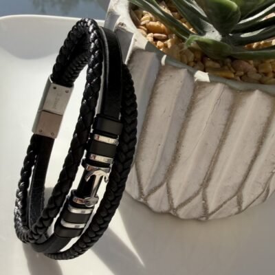Bracelet cuir homme ancre nautique noir et argent, fermoir magnétique en acier inoxydable