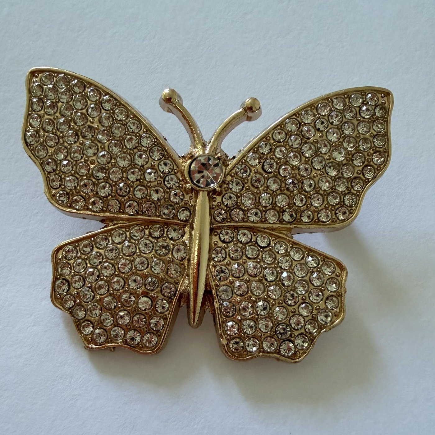 Broche Papillon Dorée Pavée de Strass 2 Broche papillon dorée aux ailes entièrement pavées de strass transparents, vue de face