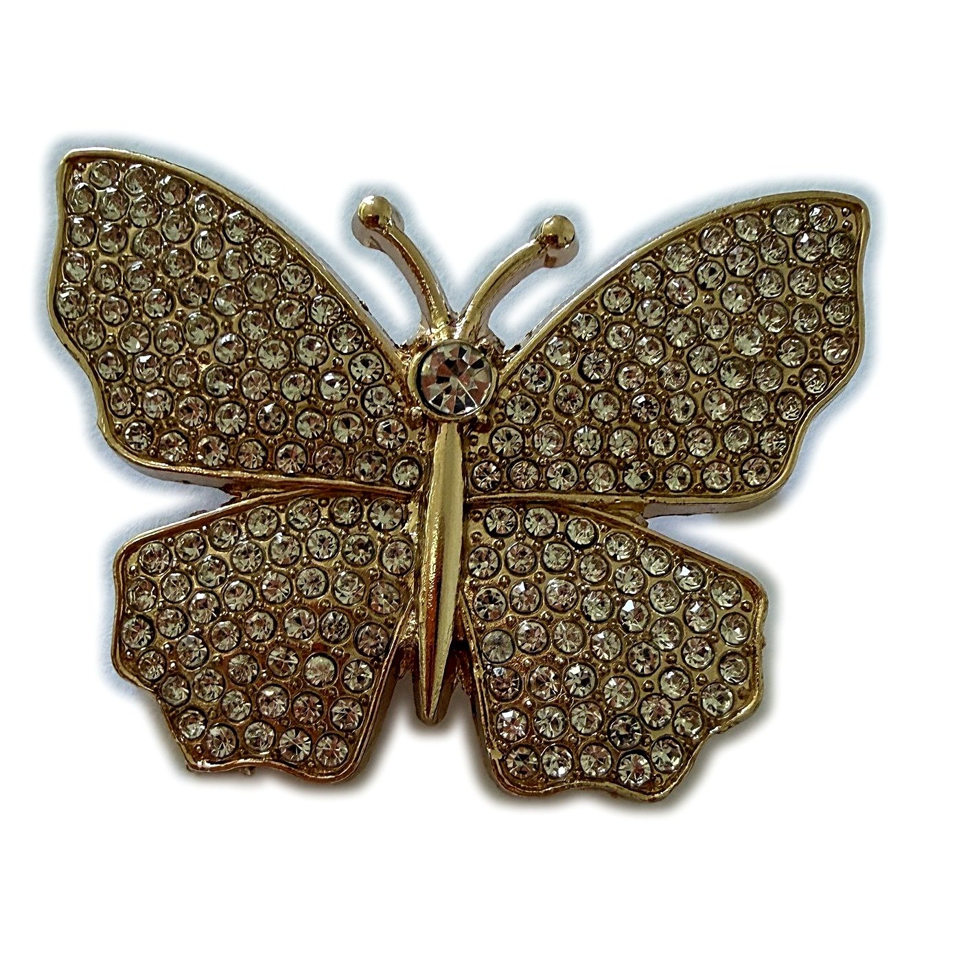 Broche Papillon Dorée Pavée de Strass 1 Broche papillon dorée pavée de strass sur fond blanc