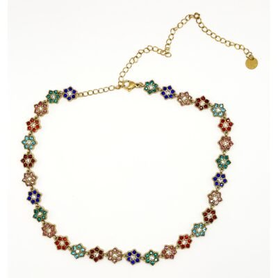 Collier ras du cou fleurs multicolores à plat, chaîne d'extension visible