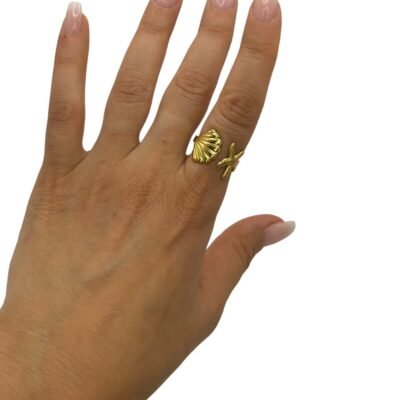 Bague Ouverte Coquillage & Étoile de Mer Dorée