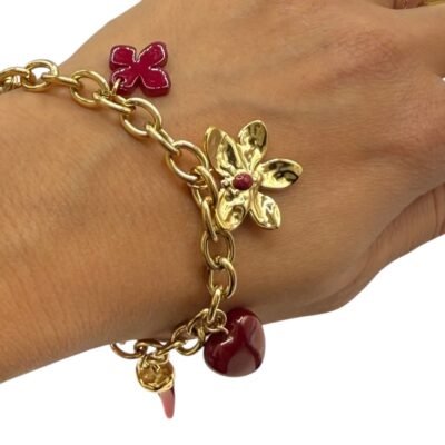 Bracelet Breloques Fleurs Cœur Bordeaux